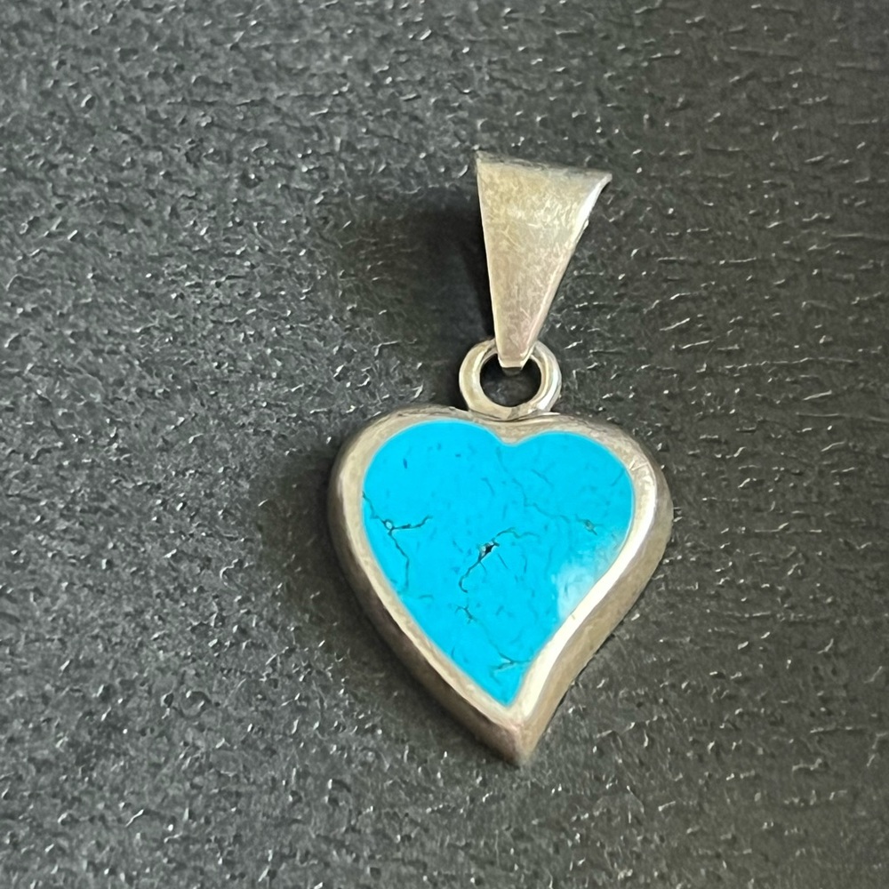 Sterling Silver 925 Turquoise Inlay Heart Pendant for Necklace Necklace - Picture 2 of 5